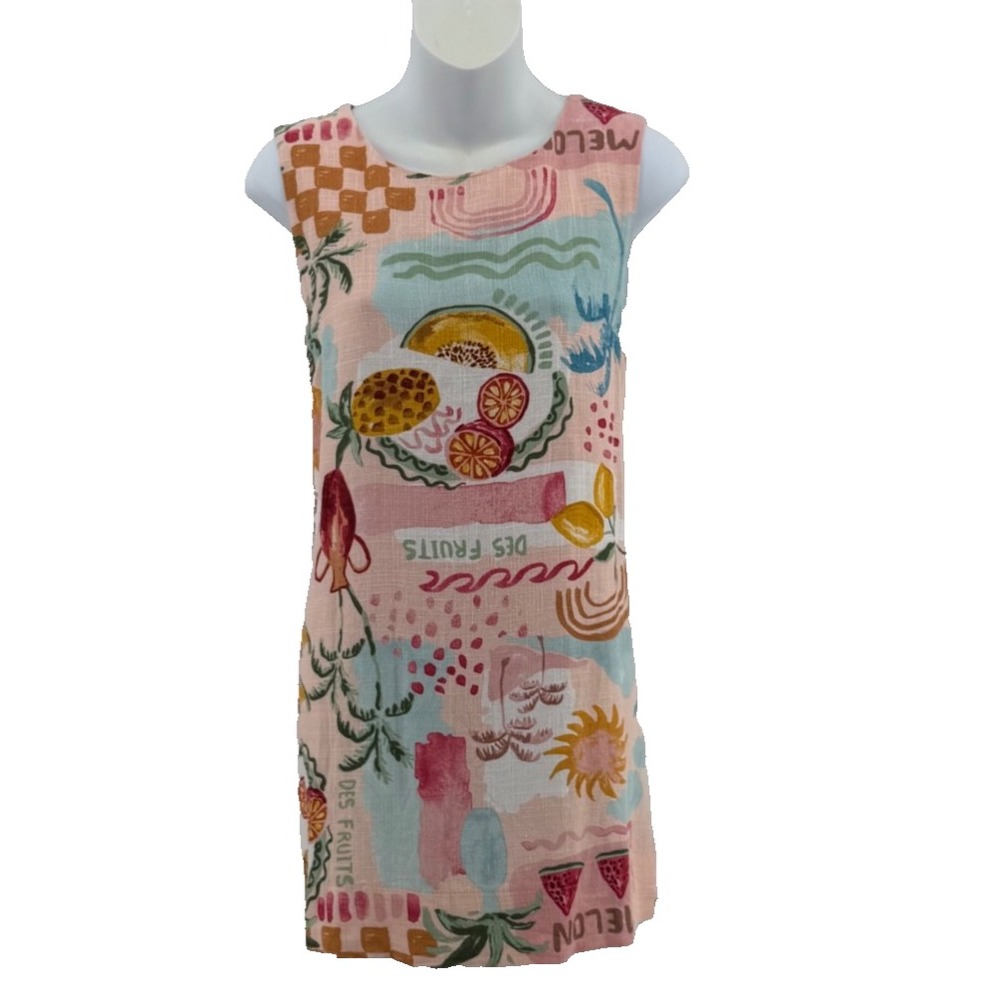 Linen Blend Shift Dress Women's M Paper Heart Sleeveless Fruit Print Summer Mini